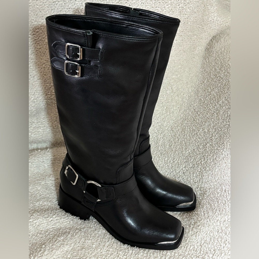 Dolce Vita Black Evi Leather Moto Metal Tipped Square Toe Boot